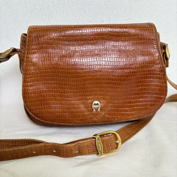 ETIENNE AIGNER vintage croc embossed cognac leather crossbody bag - Picture 2 of 16